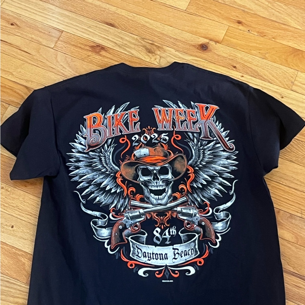 Gildan Black Bike Week Daytona Beach Skull Graphic Tee with Orange Accents - Picture 5 of 9